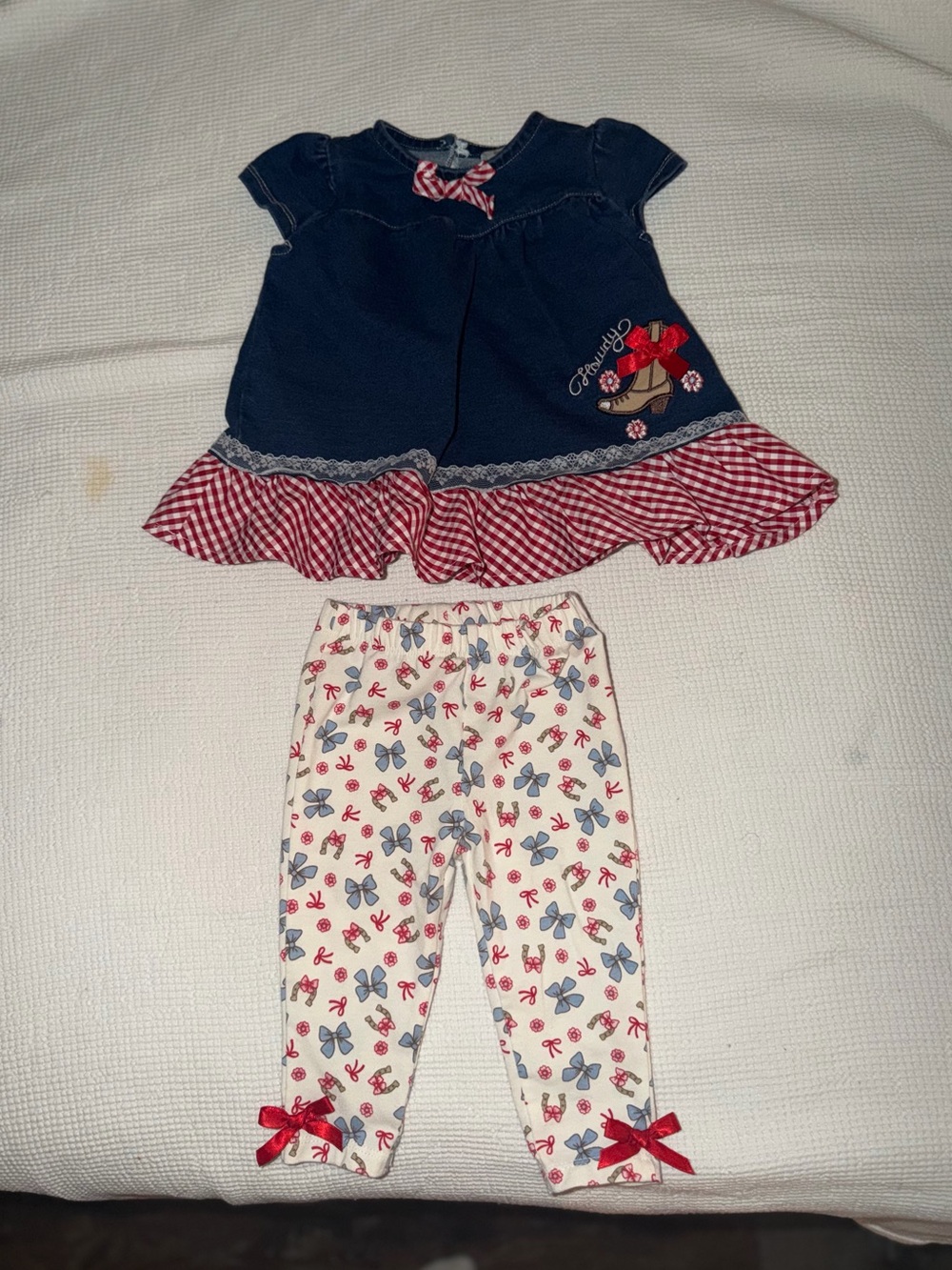 Baby Starters Navy Top with Red Gingham Ruffle & Floral Cream Leggings